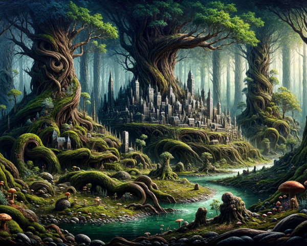 Mystical forest with ancient trees and hidden city