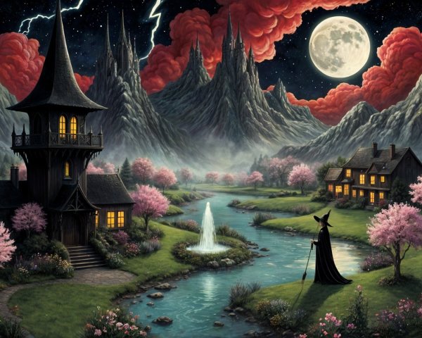 Fantastical landscape with a castle and cottages