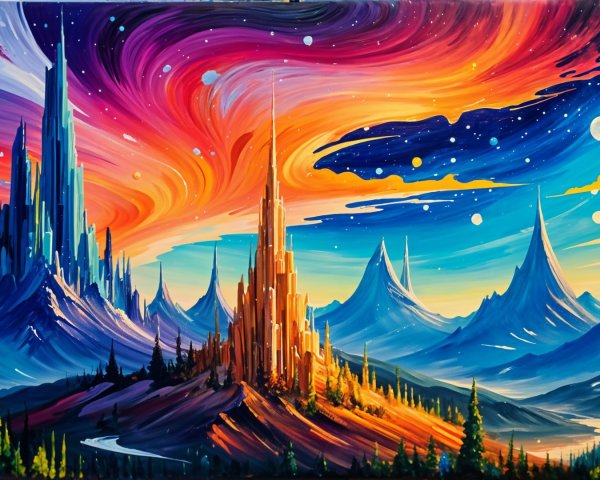 Vibrant Landscape with Crystal Spires and Majestic Mountains