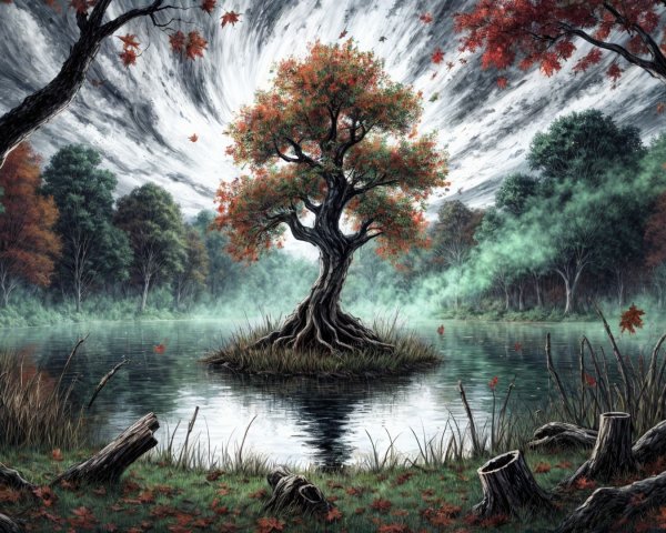 Solitary Tree on Island with Vibrant Autumn Leaves