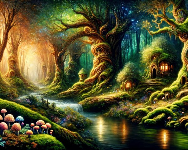 Vibrant Magical Forest with Enchanted Trees and Stream