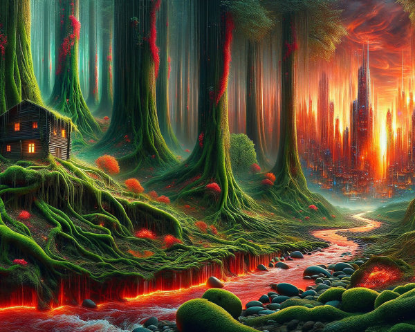 Mystical Forest with Vibrant Trees and Futuristic Skyline