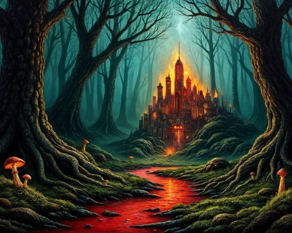 Glowing City in a Mystical Forest with Red Stream