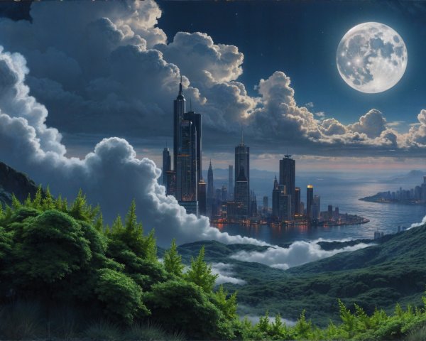 Surreal Cityscape with Mountains and Full Moon