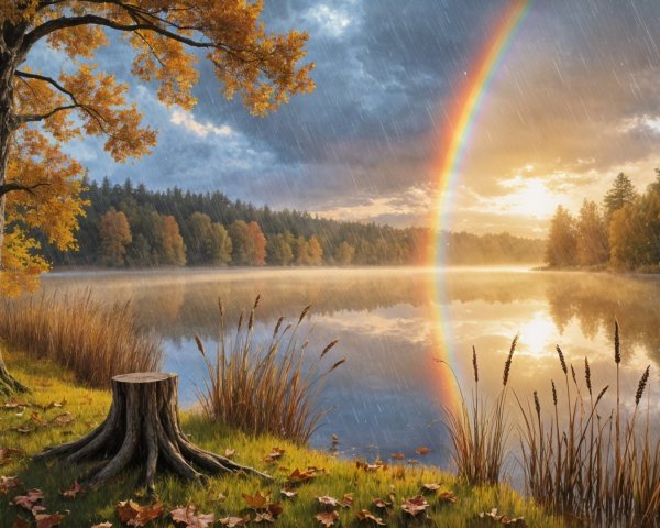 Autumn Landscape with Lake, Rain, and Rainbow Reflection