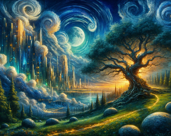 Vibrant Landscape with Celestial Sky and Mountains