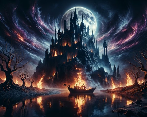 Dark Enchanted Landscape with Castle and Moonlight
