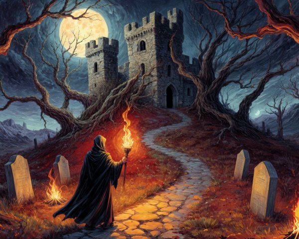 Mysterious Figure with Torch Near Ominous Castle