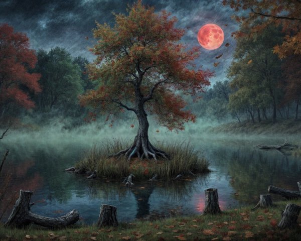 Vibrant tree on foggy lake with autumn leaves and moon