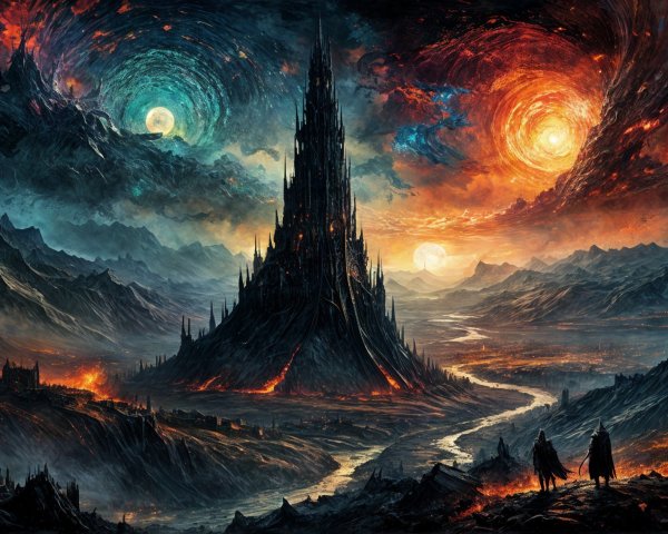 Dramatic Landscape with Dark Castle and Surreal Sky