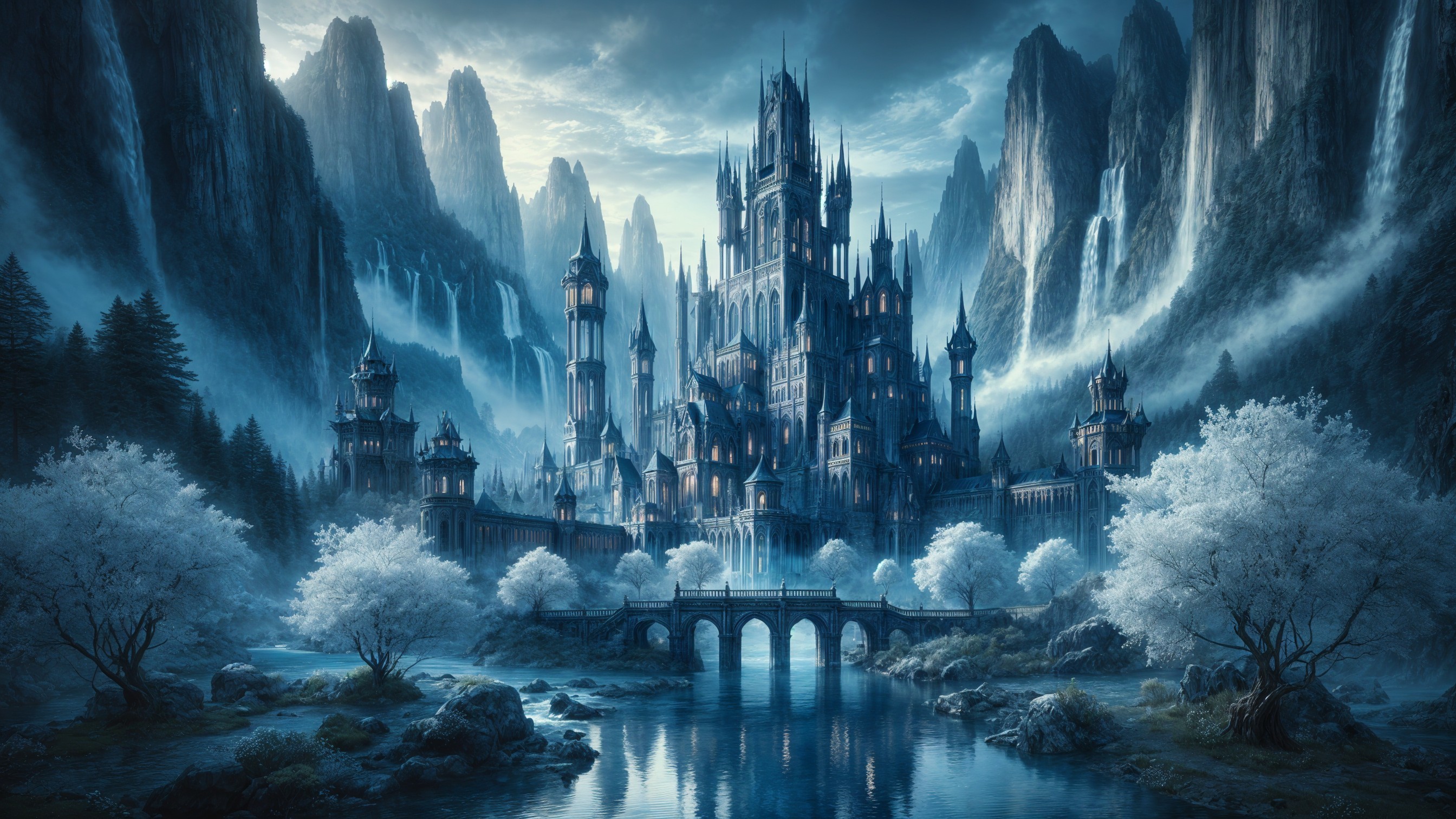 Majestic Castle Surrounded by Ethereal Mountain Landscape