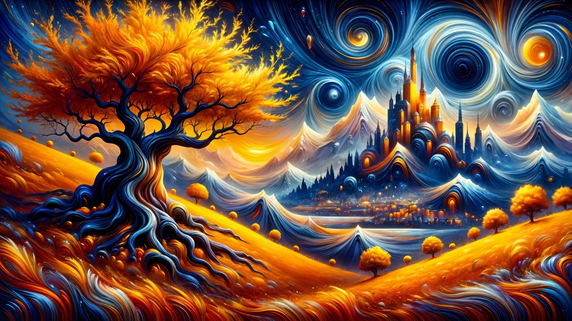Vibrant Landscape with Orange Tree and Castle Backdrop
