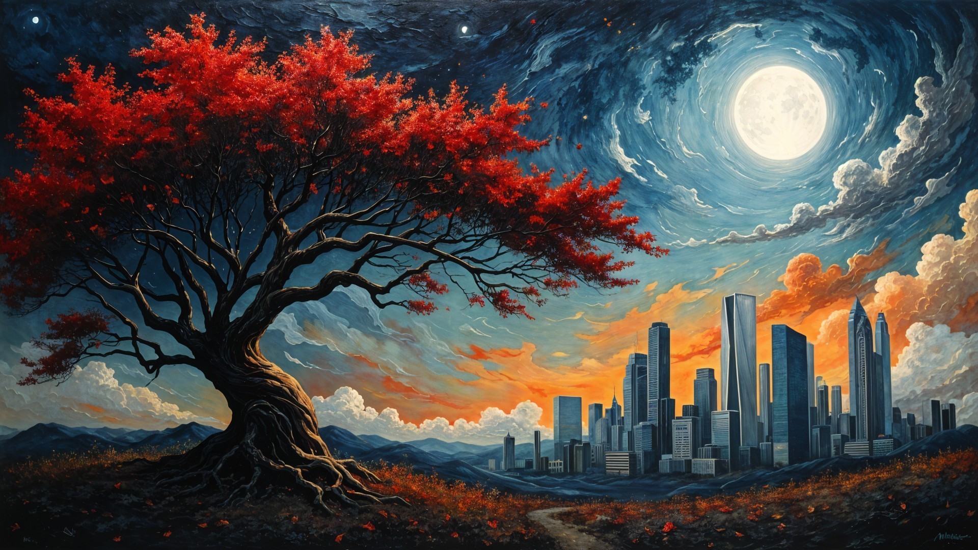 Majestic tree with red foliage and city skyline backdrop