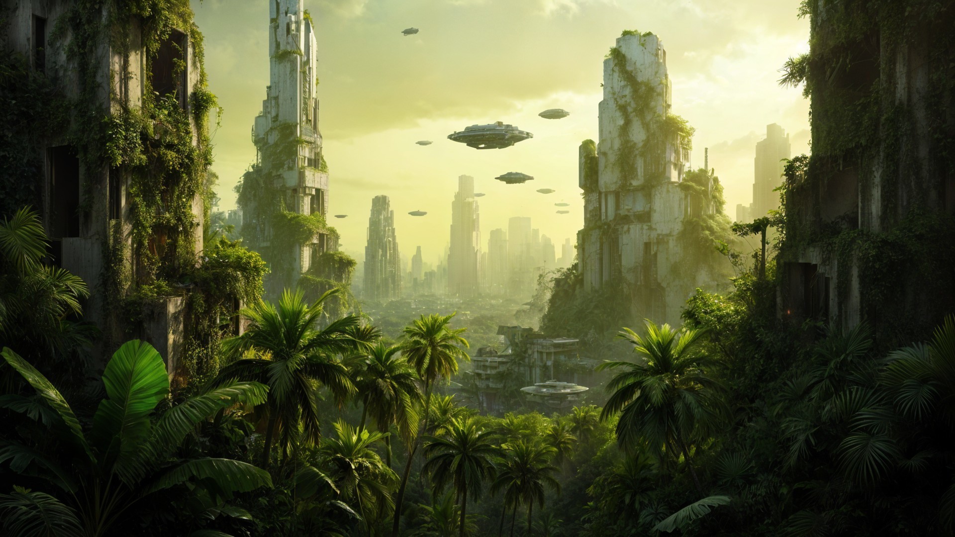 Ancient Ruins Surrounded by Lush Greenery and UFOs