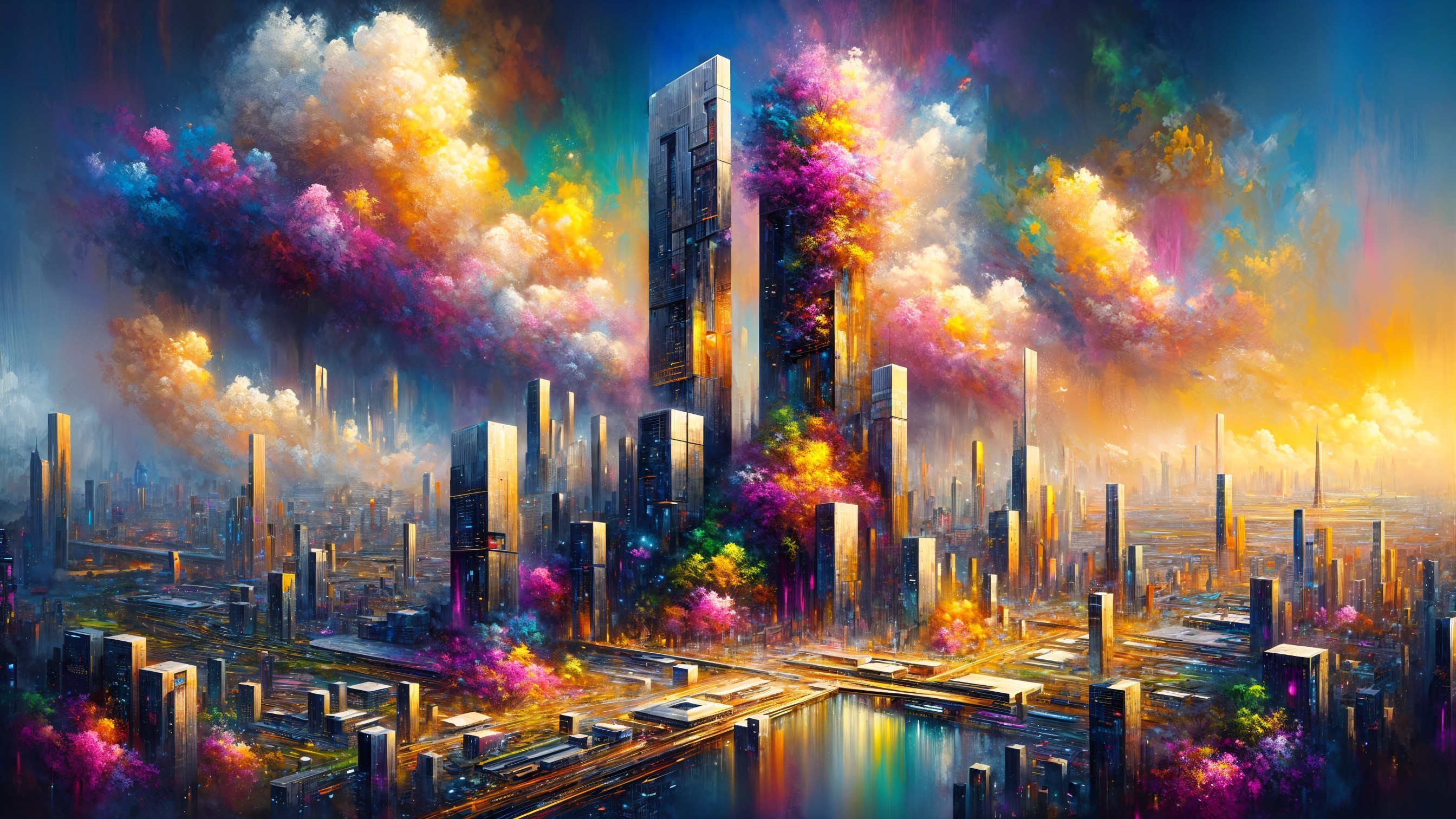 Futuristic Cityscape with Colorful Skyscrapers and Sky