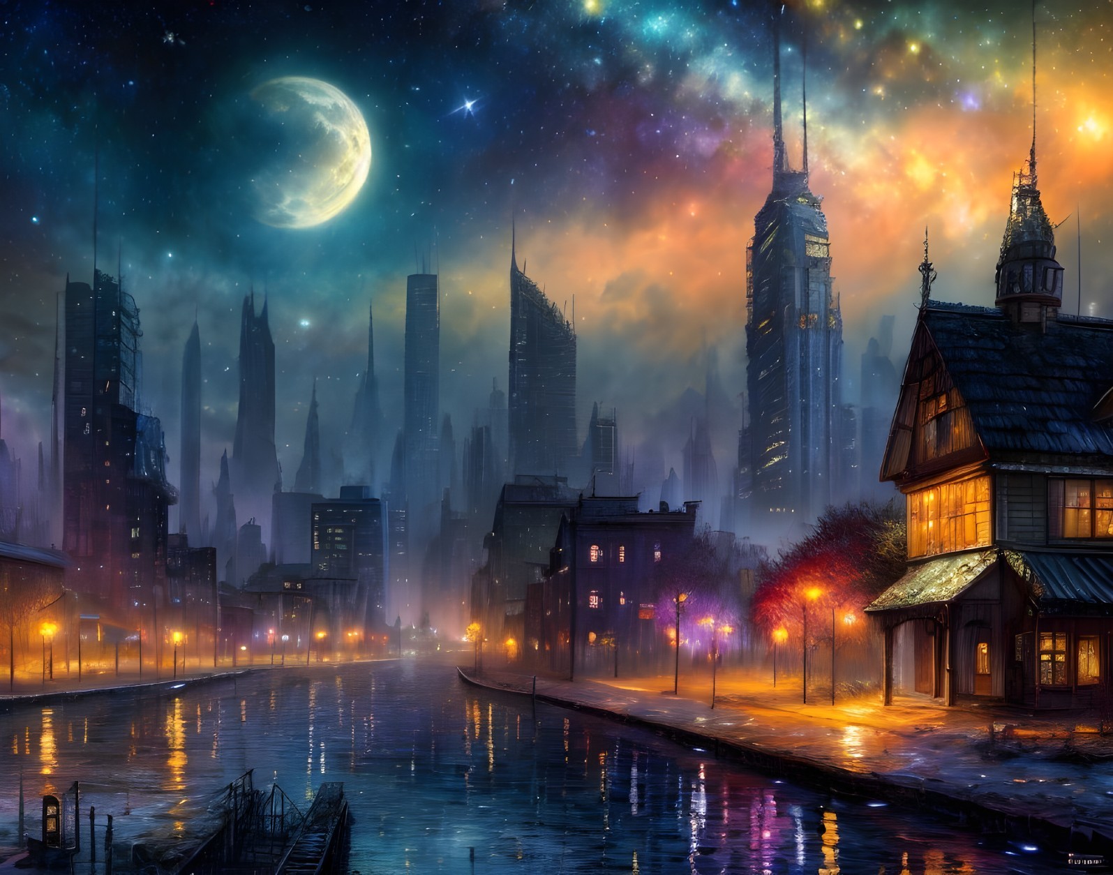 Futuristic cityscape digital artwork with luminous sky and moon