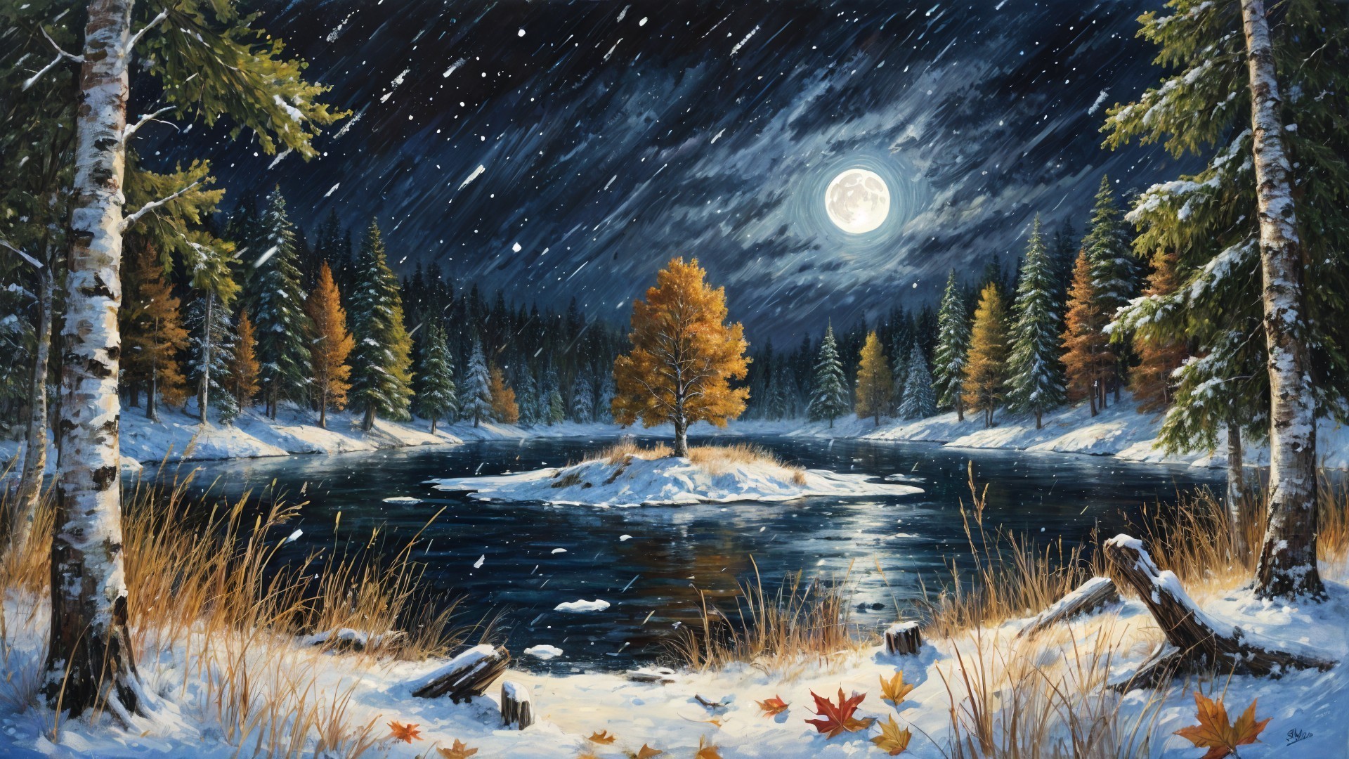 Serene Winter Landscape with Moonlit River Scene