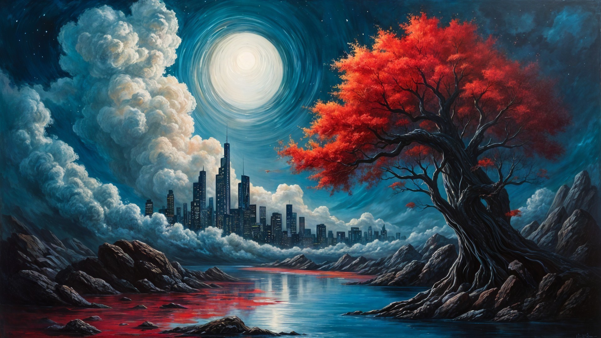 Surreal Landscape with Red Tree and Futuristic City