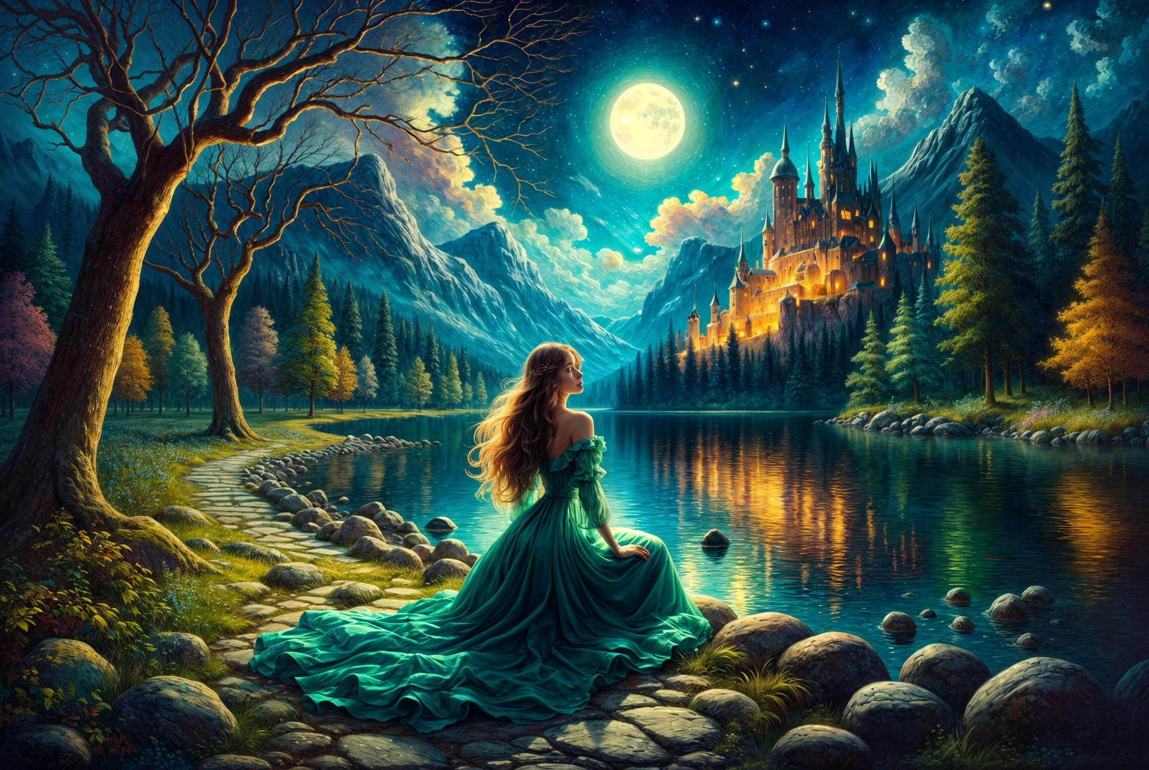 Woman in Green Gown by Moonlit Lake and Castle