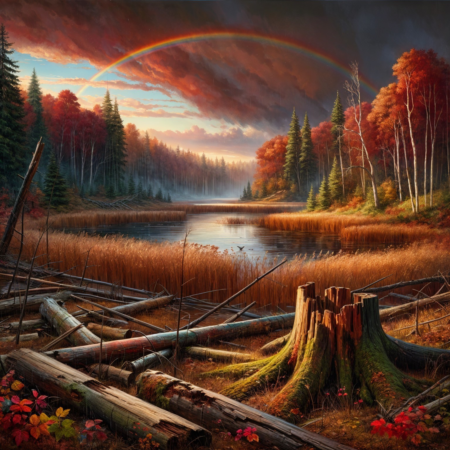 Tranquil Pond with Autumn Colors and Rainbow Sky