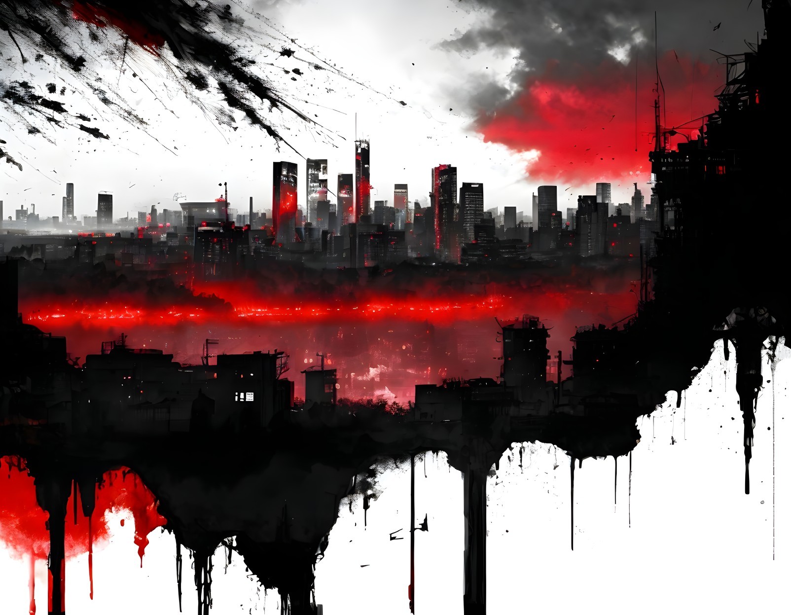 Dystopian cityscape with red tones and misty skyscrapers