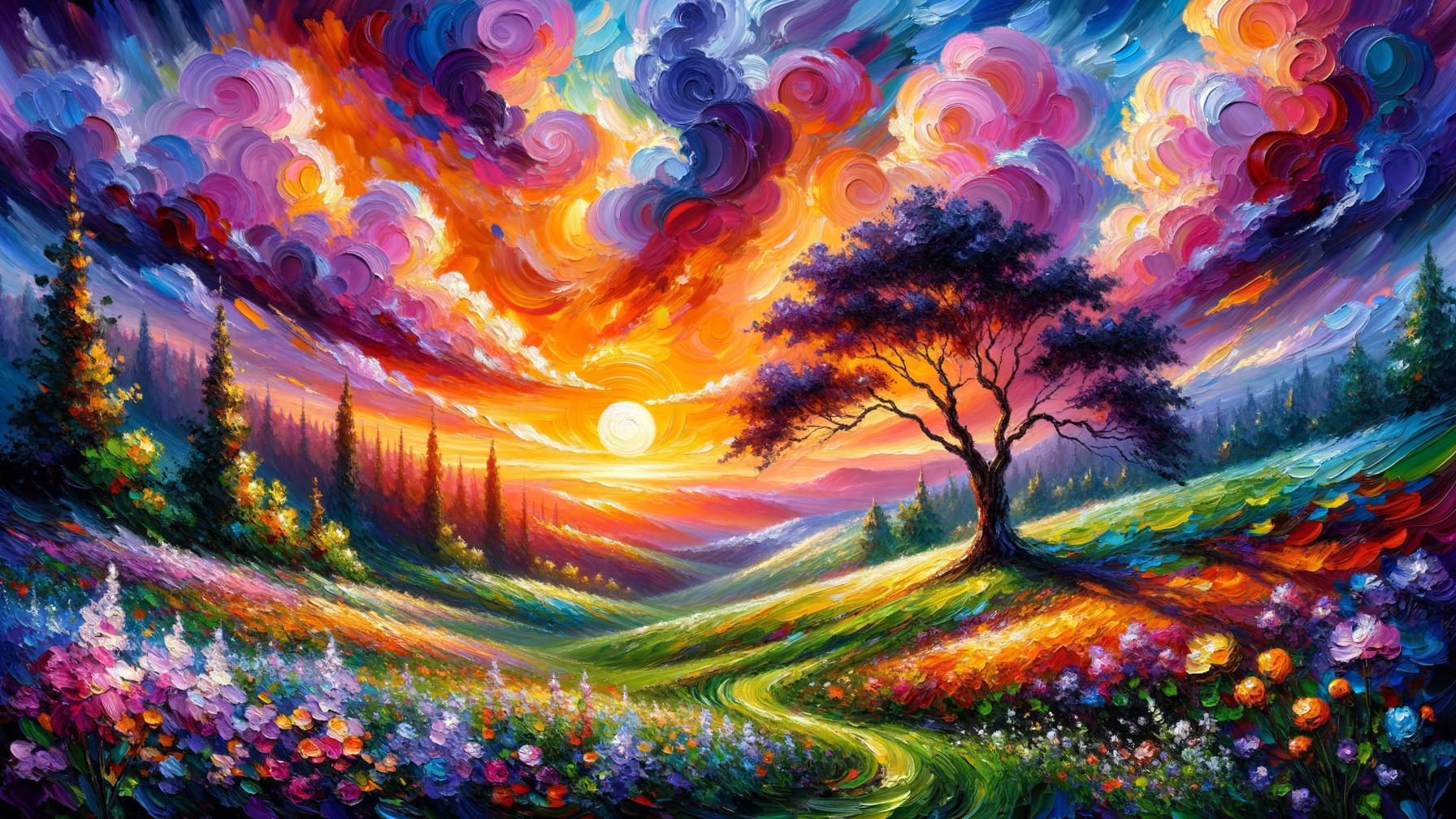 Vibrant Sunset Landscape with Colorful Wildflowers