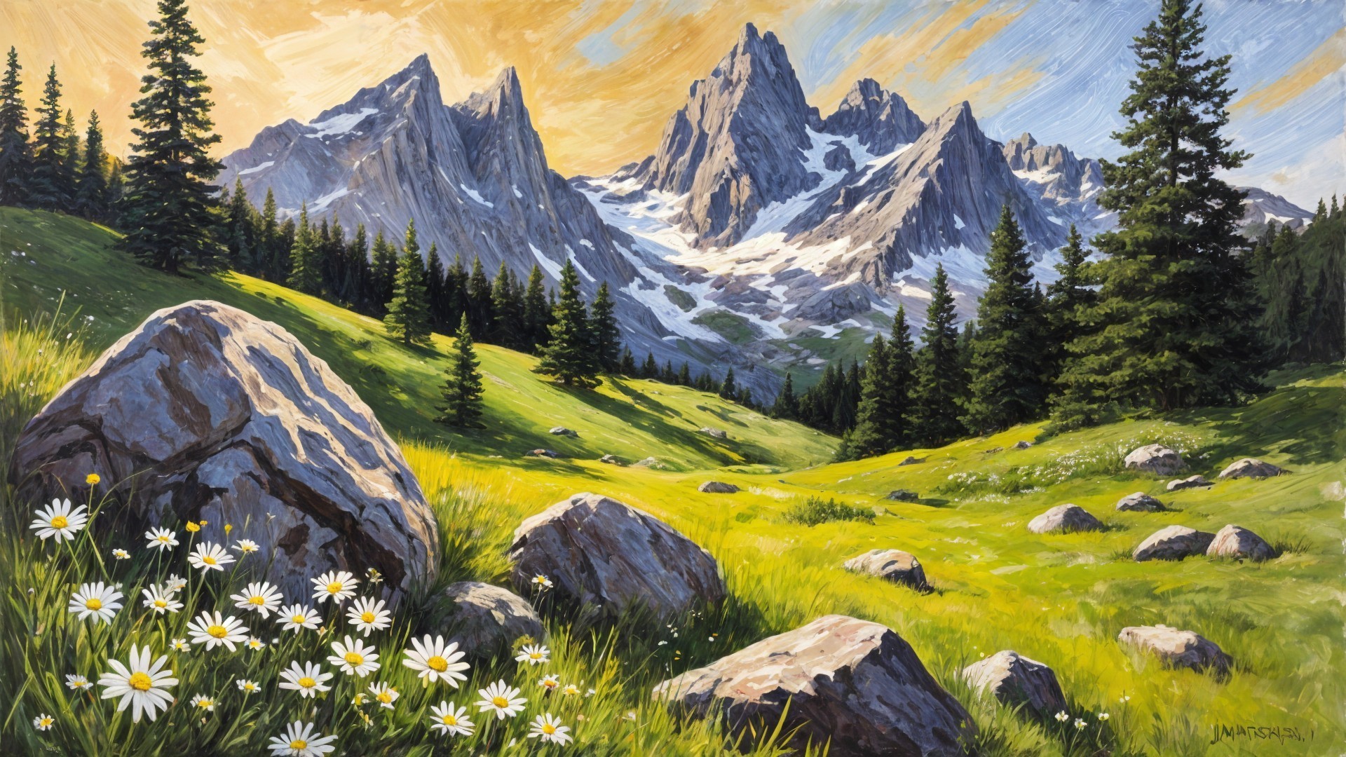 Vibrant Landscape with Snow-Capped Mountains and Meadow