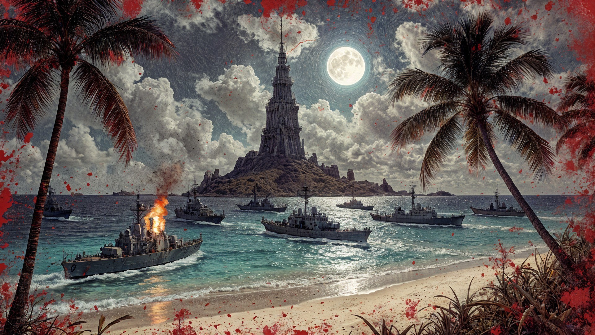 Dramatic Seascape with Lighthouse and Warships