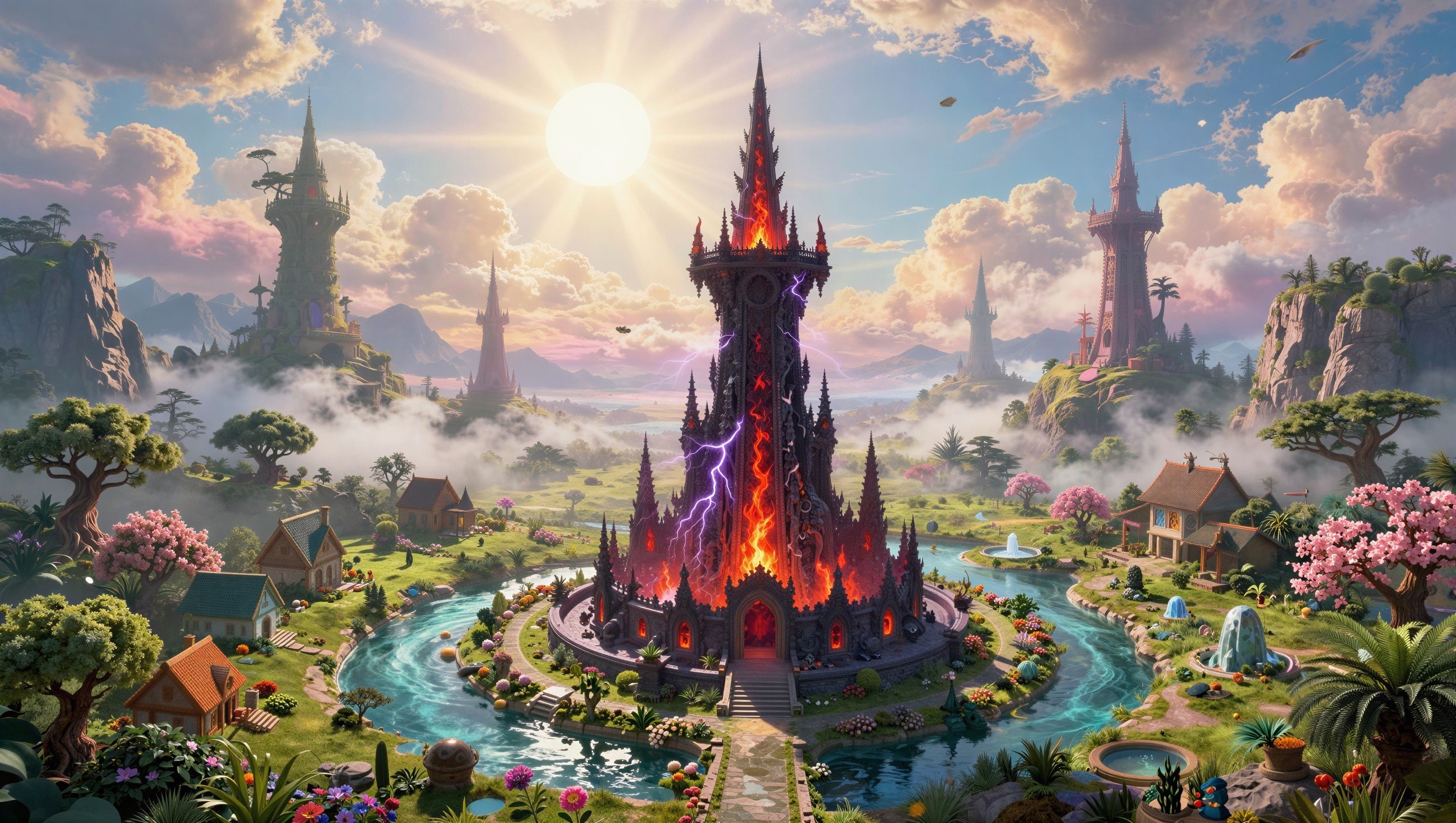 Vibrant Fantasy Landscape with Dark Castle and River