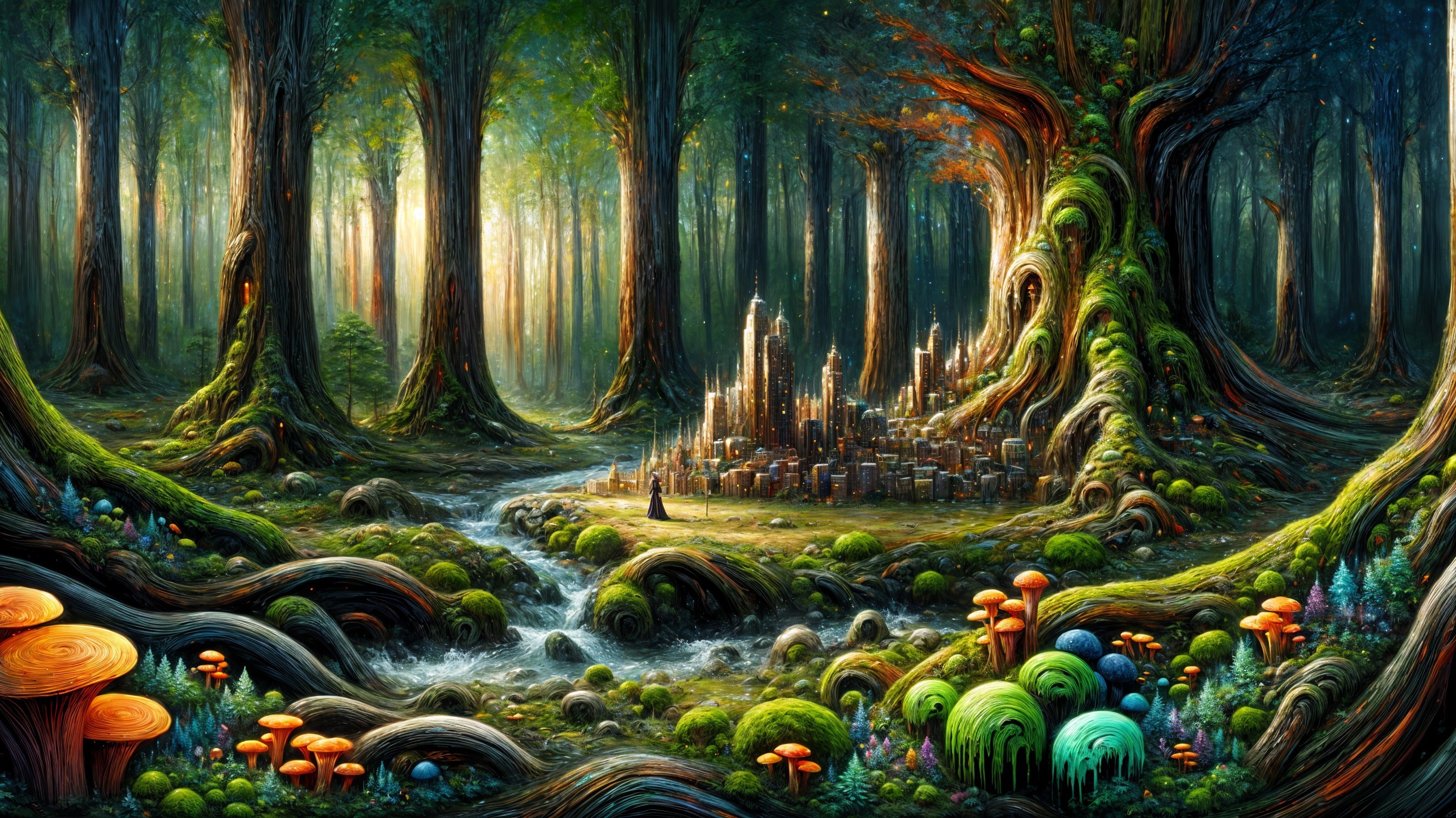 Enchanted forest with hidden city and vibrant nature