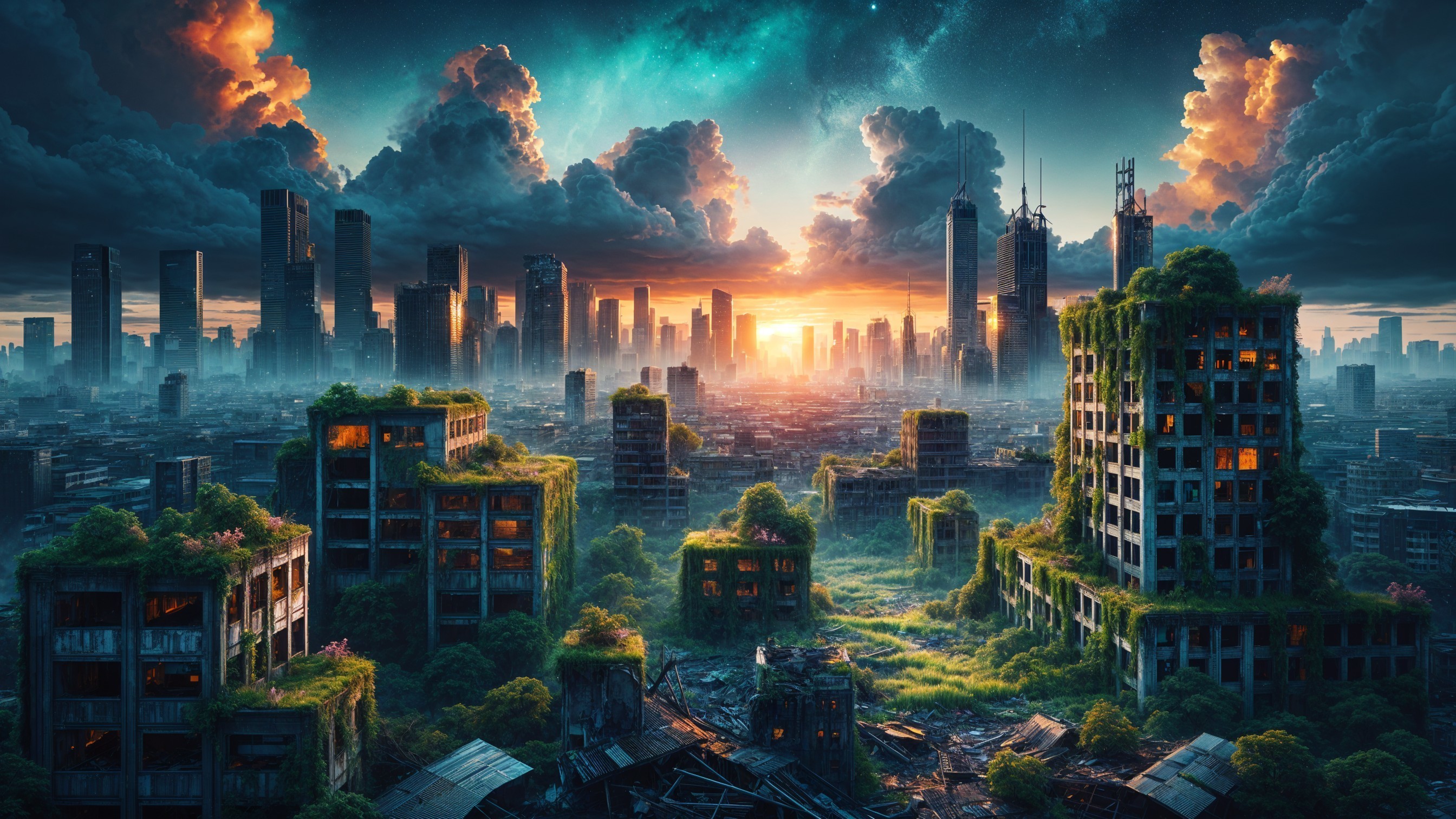 Post-Apocalyptic Cityscape at Sunset with Nature
