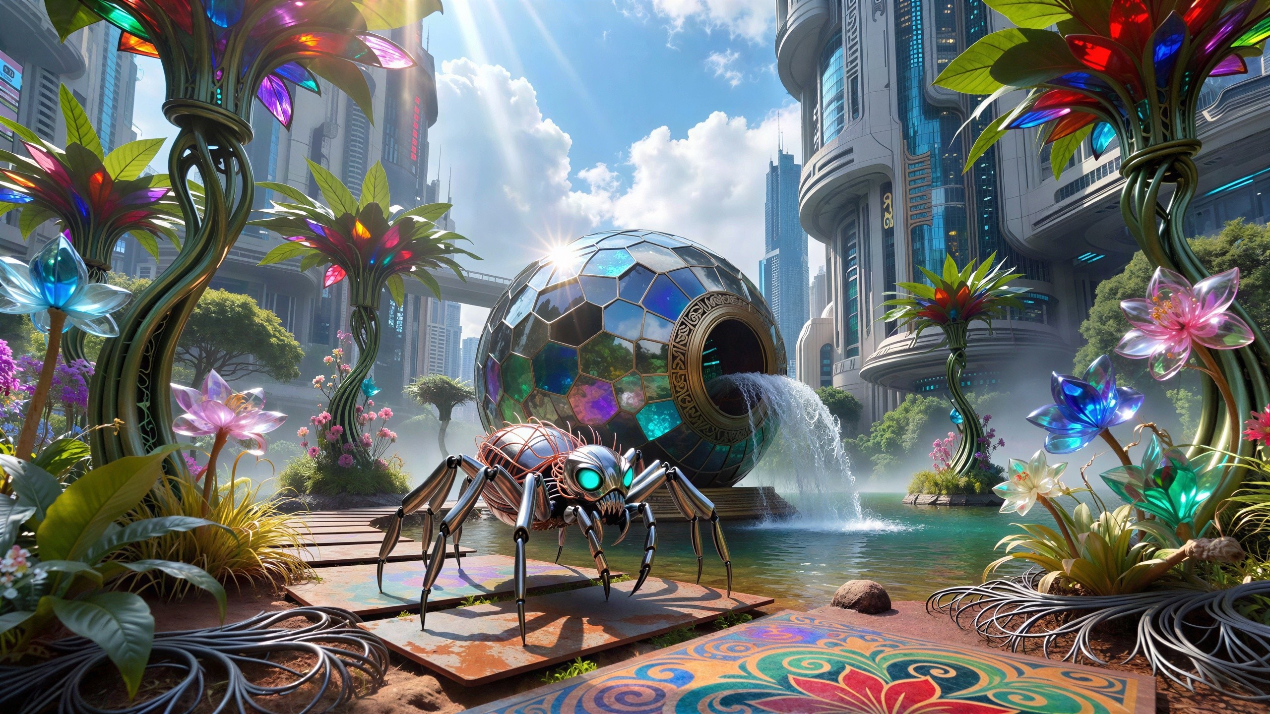 Futuristic city park with iridescent fountain and flora
