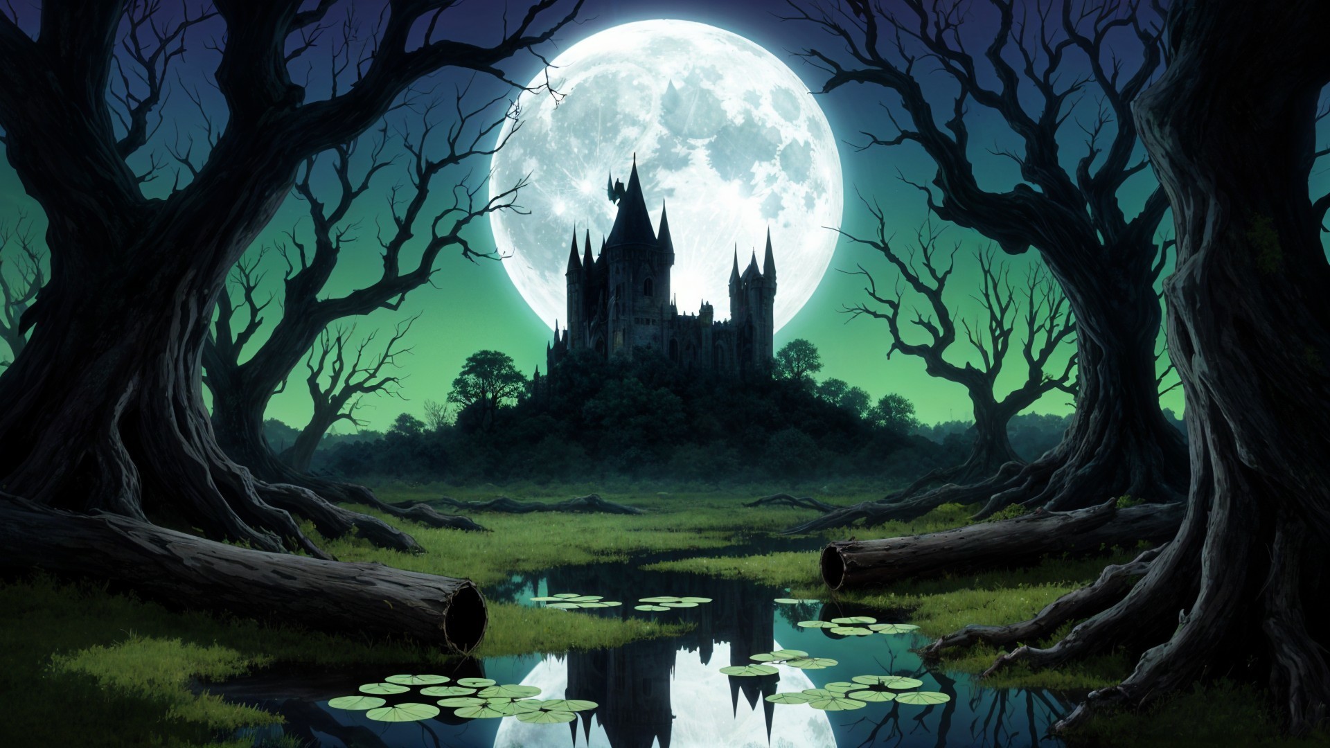 Moonlit Castle Scene with Eerie Landscape Elements