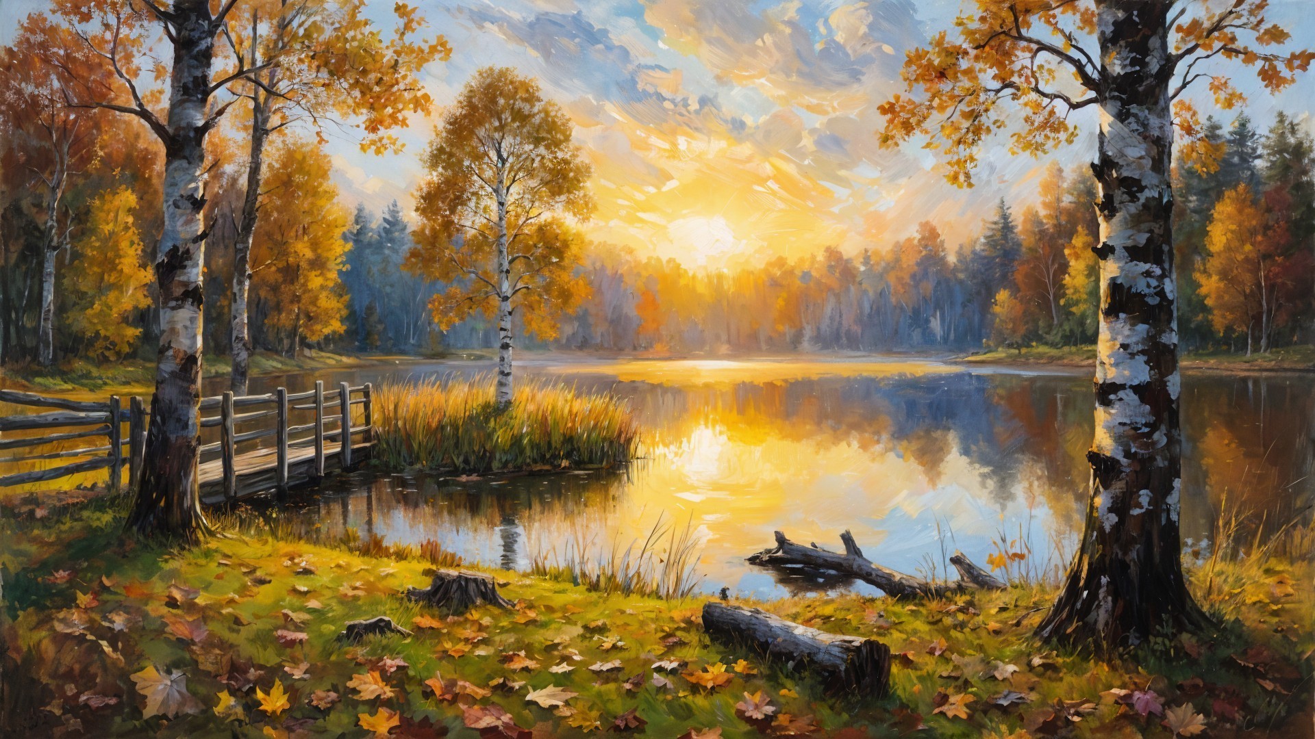 Autumn Lakeside Scene with Birch Trees and Sunset