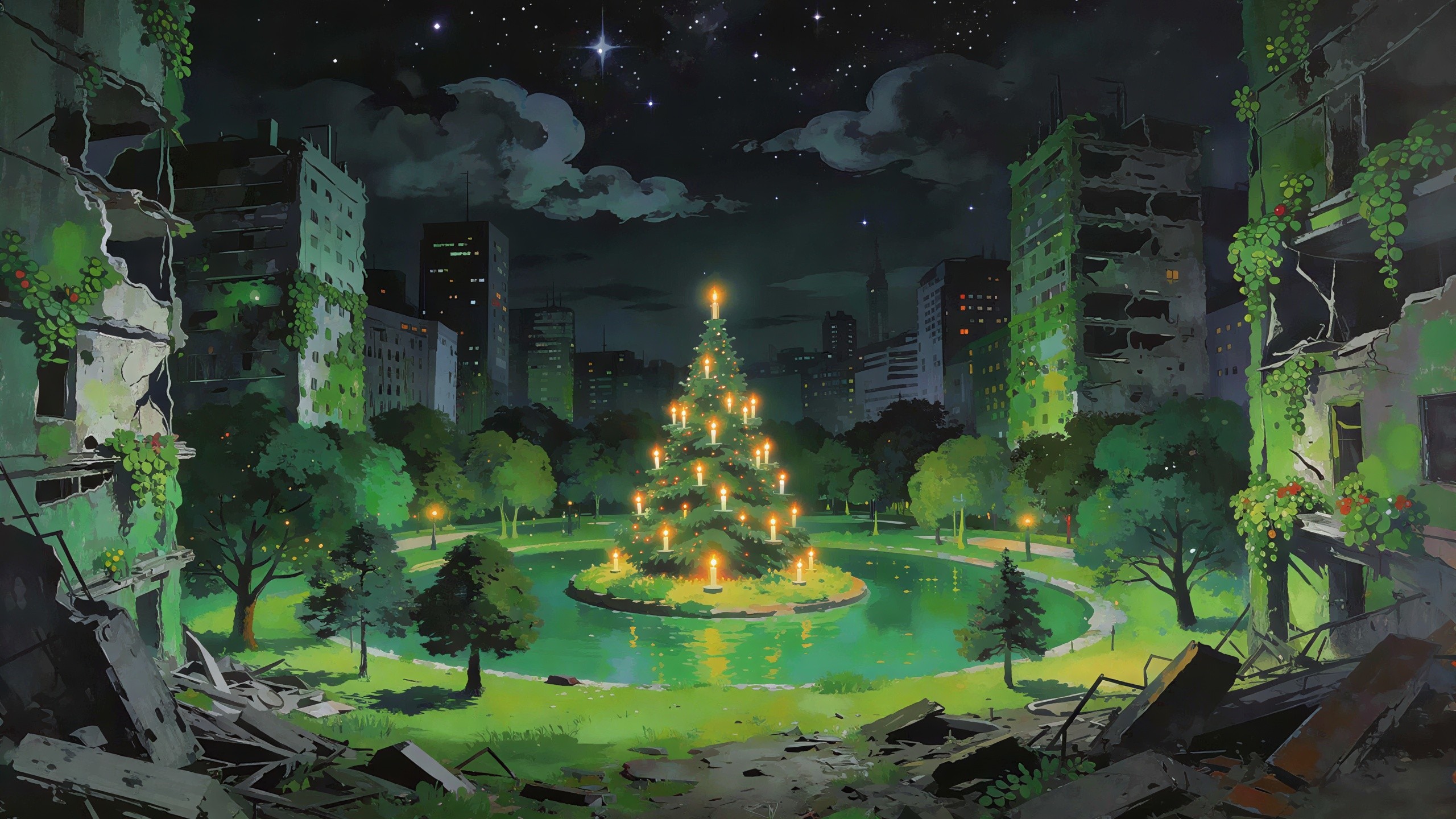Abandoned City Night Scene with Lush Pond and Tree
