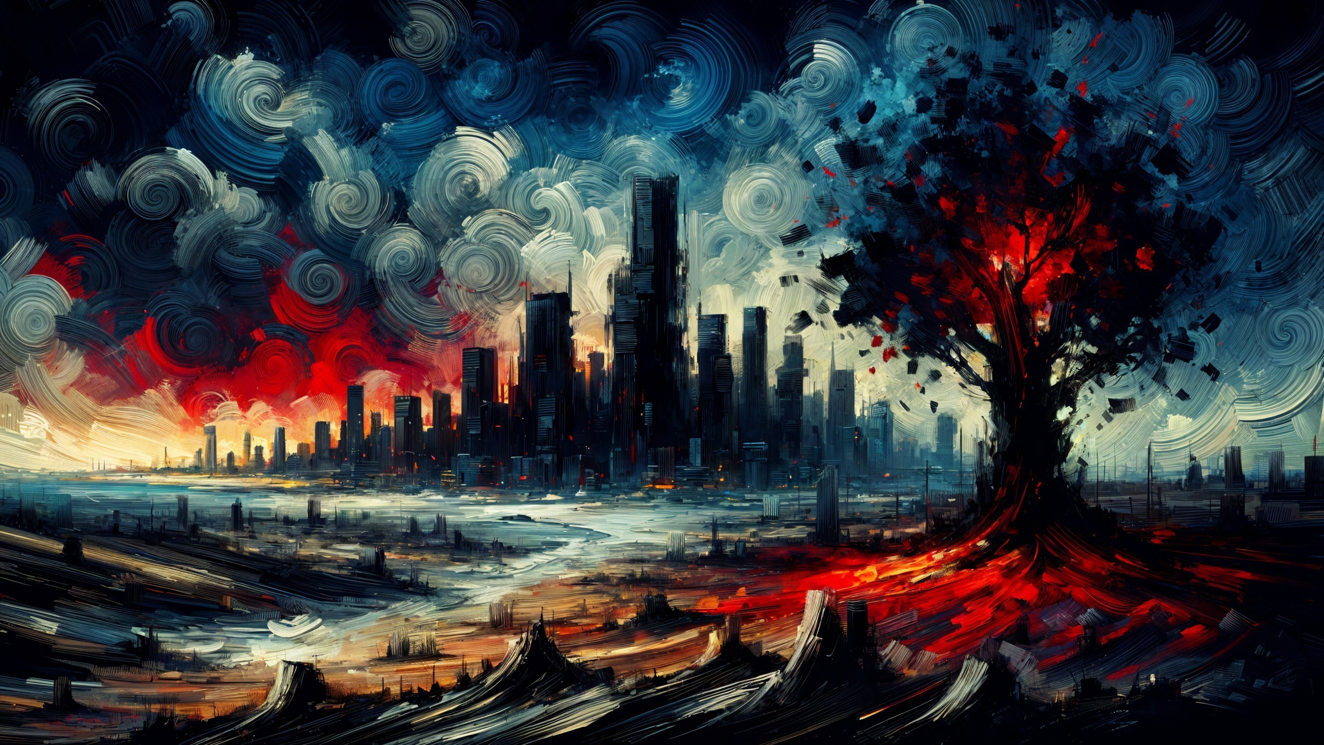 Dramatic Landscape with City Skyline and Solitary Tree