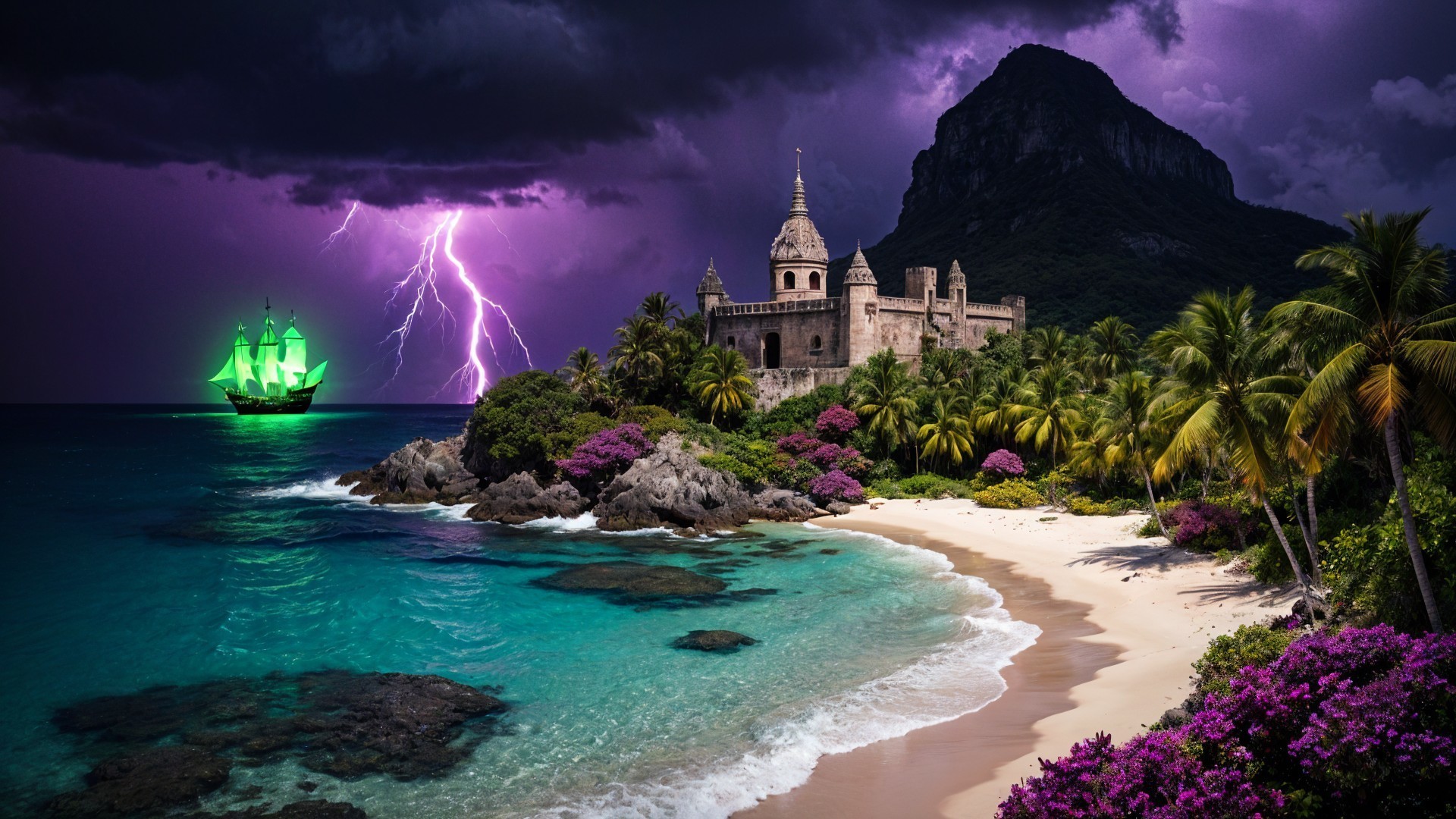 Dramatic seascape with castle, palm trees, and lightning