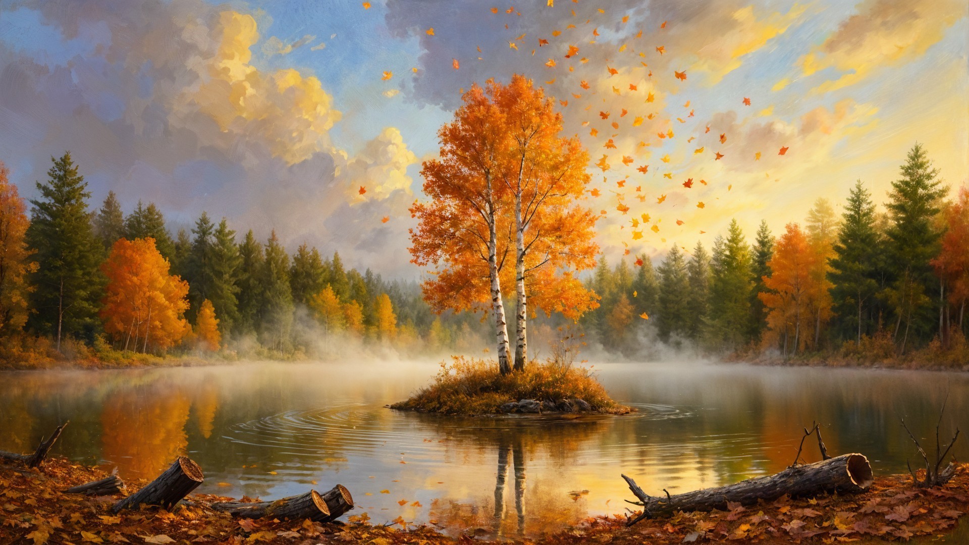 Solitary Birch Tree on an Autumn Lake Island