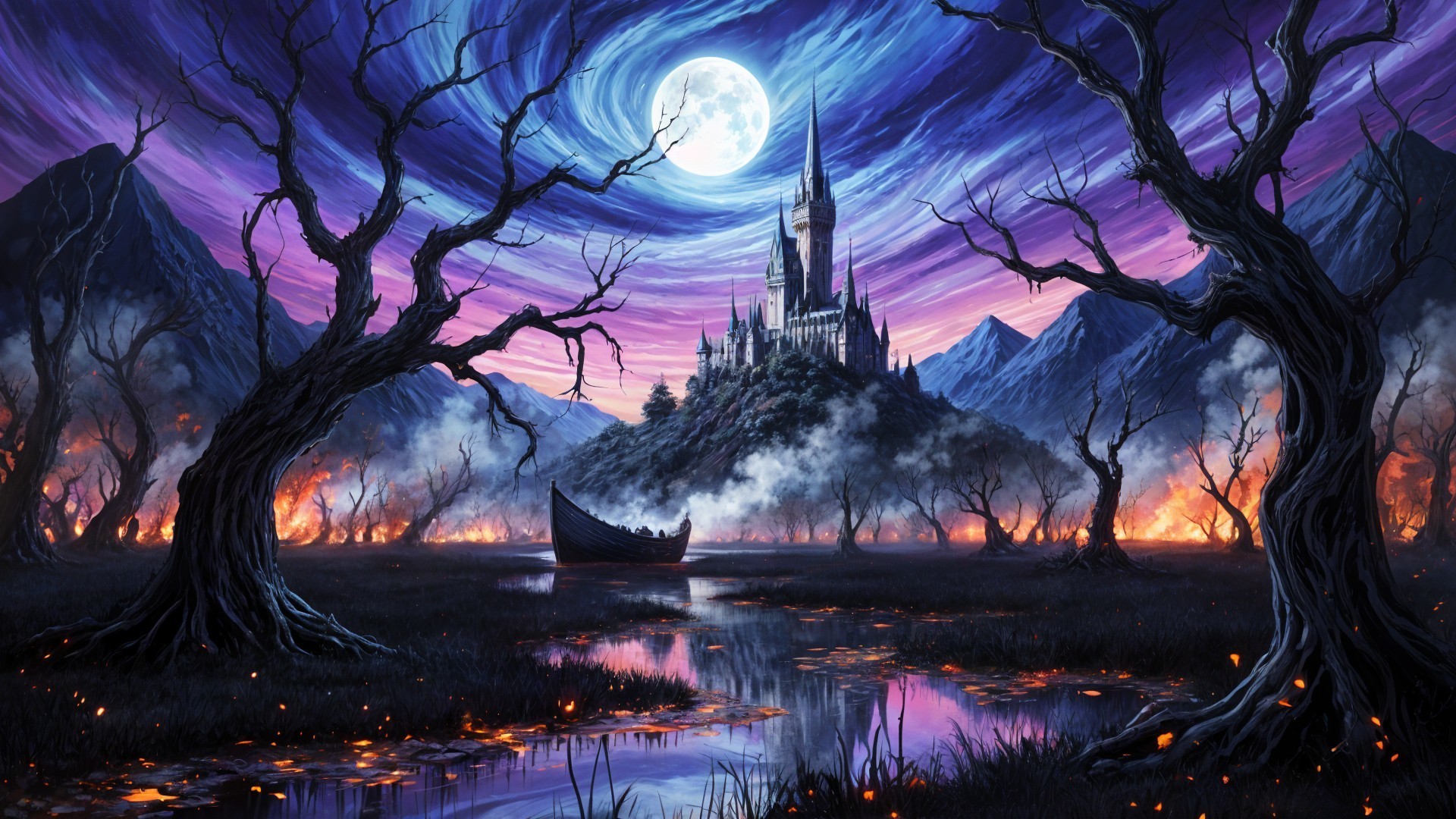 Haunting Landscape with Dark Castle and Full Moon