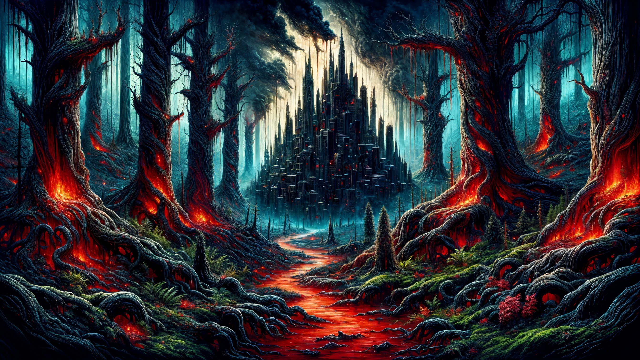 Dark Surreal Forest with Twisted Trees and Citadel