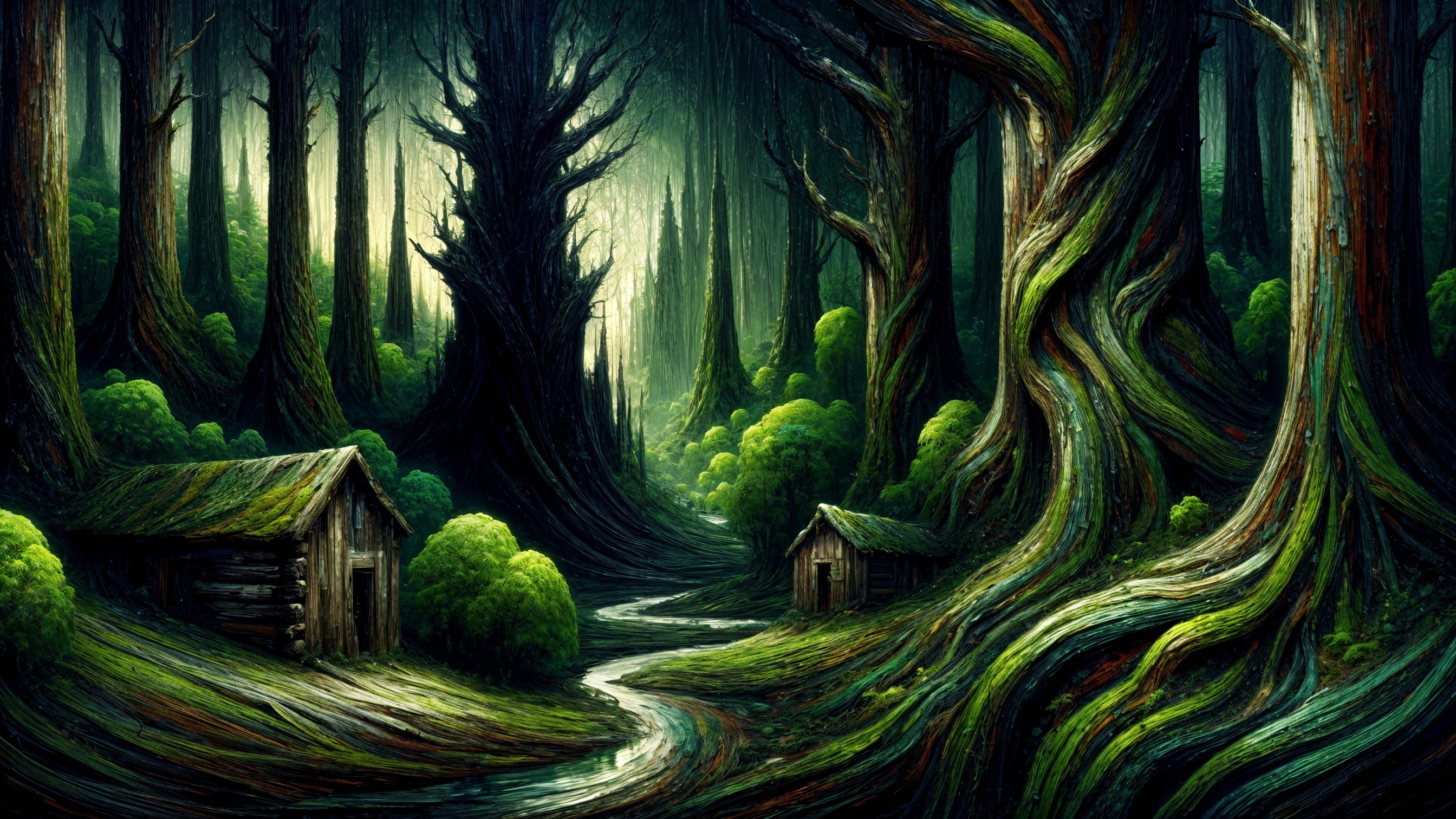 Mystical Forest with Trees, Huts, and Stream