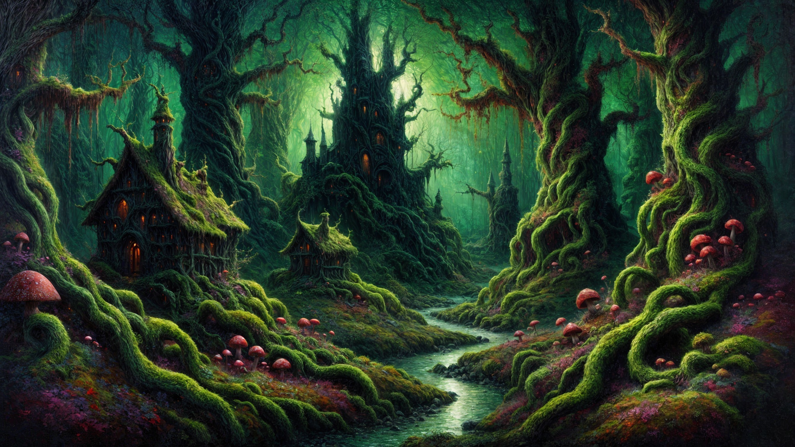 Mystical Forest Scene with Lush Greenery and Cottages