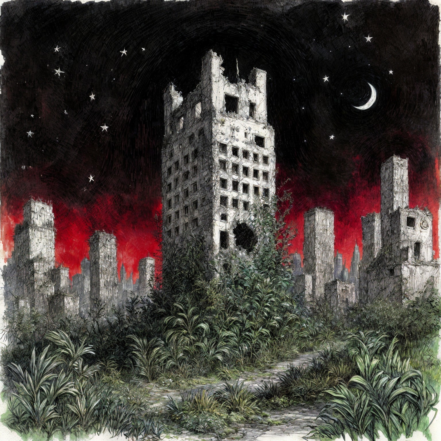 Desolate Urban Landscape with Abandoned Skyscraper
