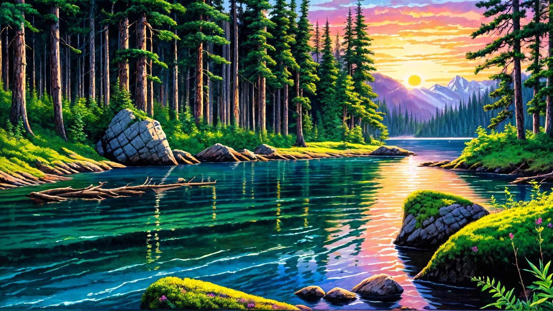 Tranquil Riverscape at Sunset with Evergreen Trees