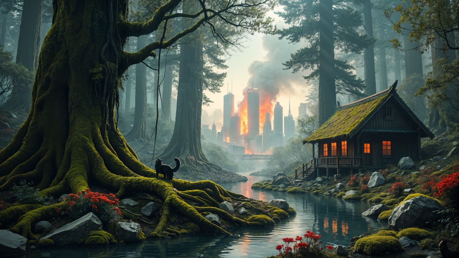 Ancient Tree and Cabin by River Amidst City Chaos