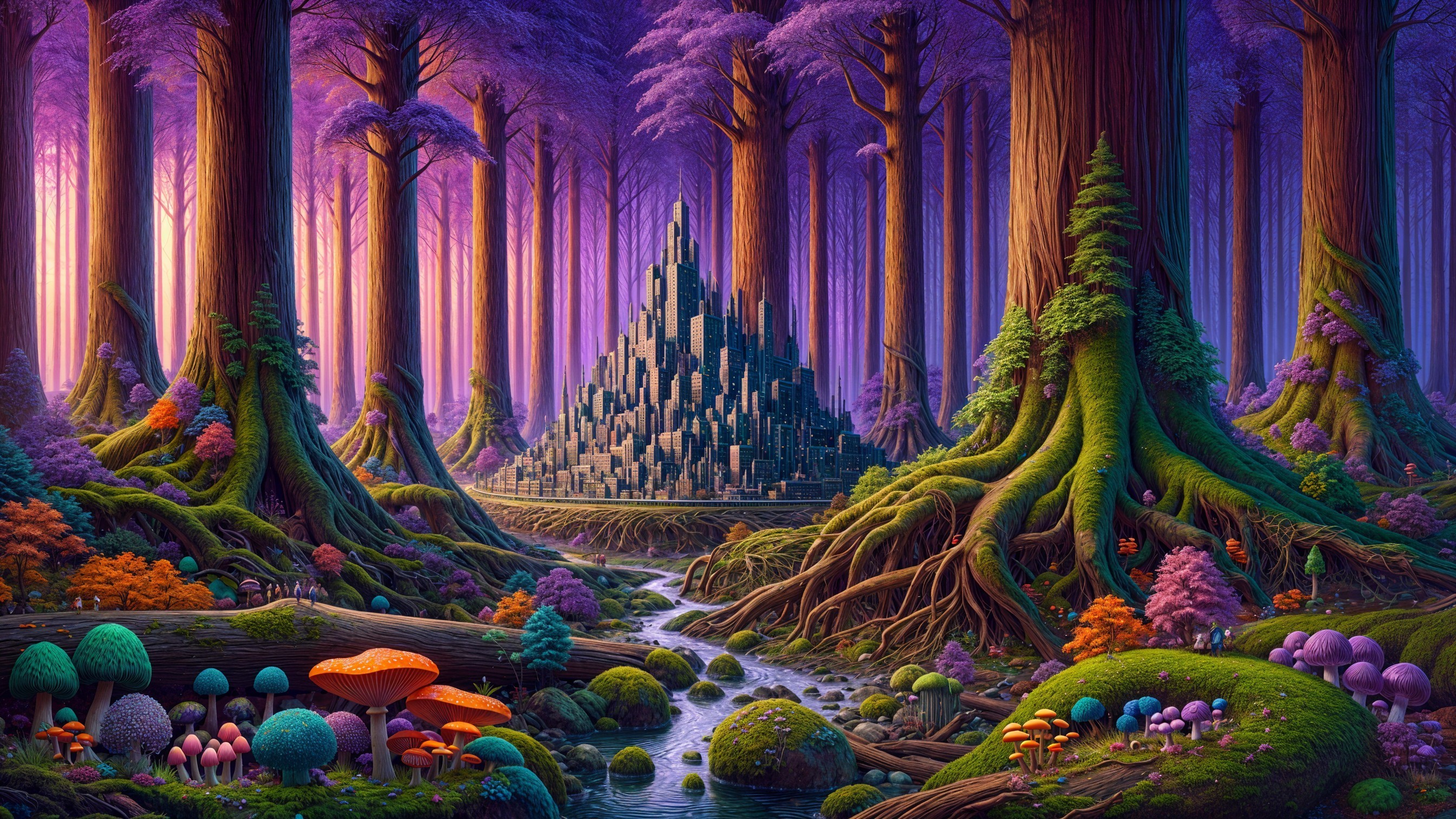 Enchanted forest with purple trees and dark stone pyramid