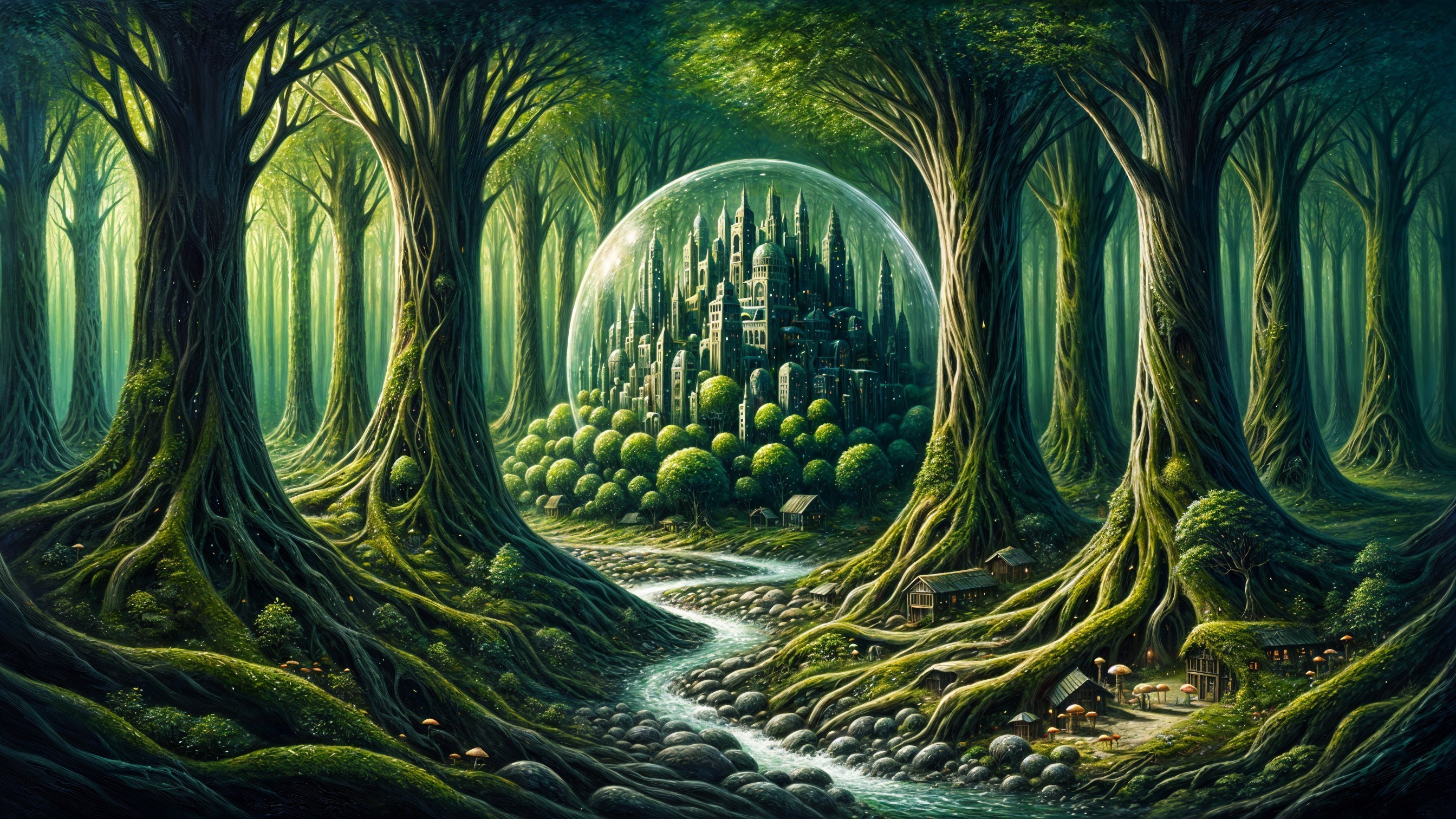 Fantastical Landscape with Lush City and Towering Trees
