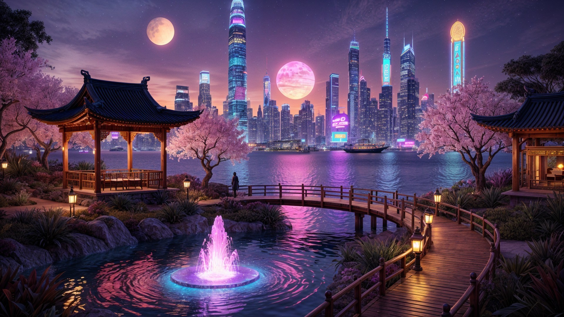 Futuristic City Skyline with Twilight Landscape Elements