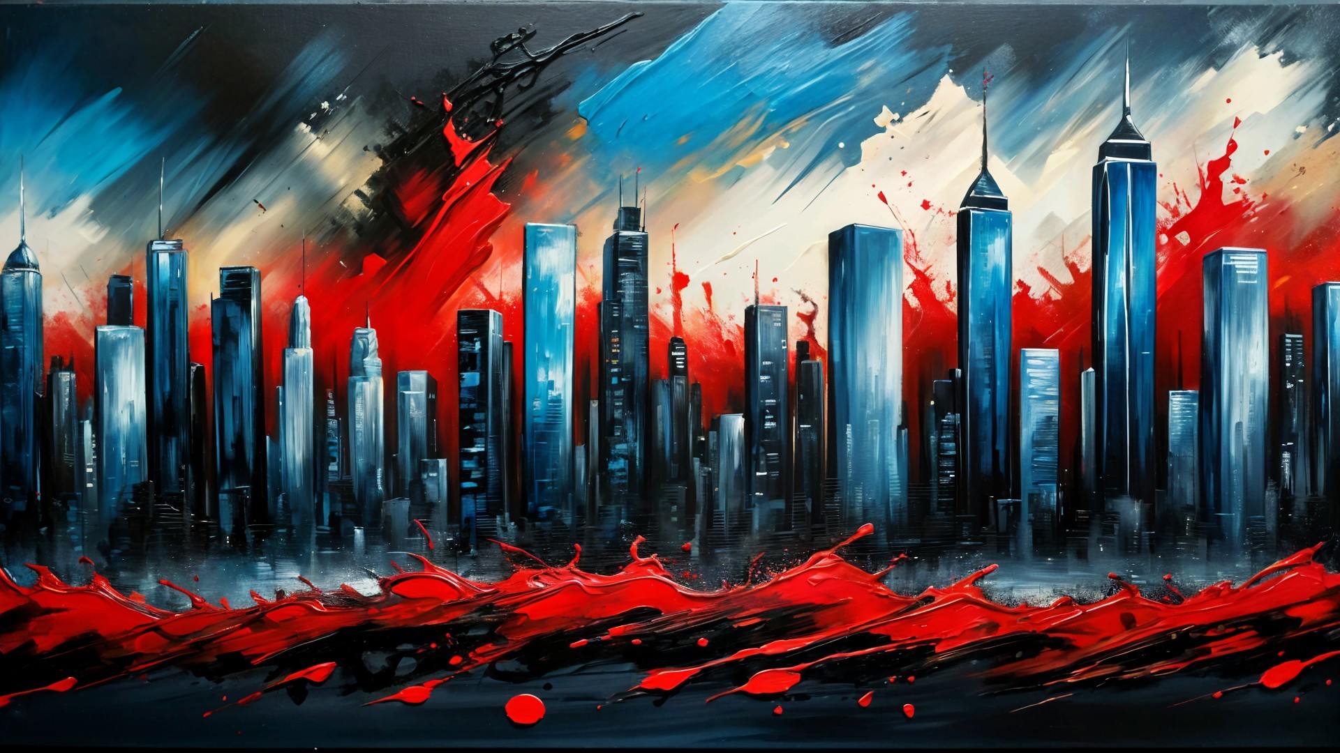 Vibrant City Skyline with Skyscrapers and Bold Colors