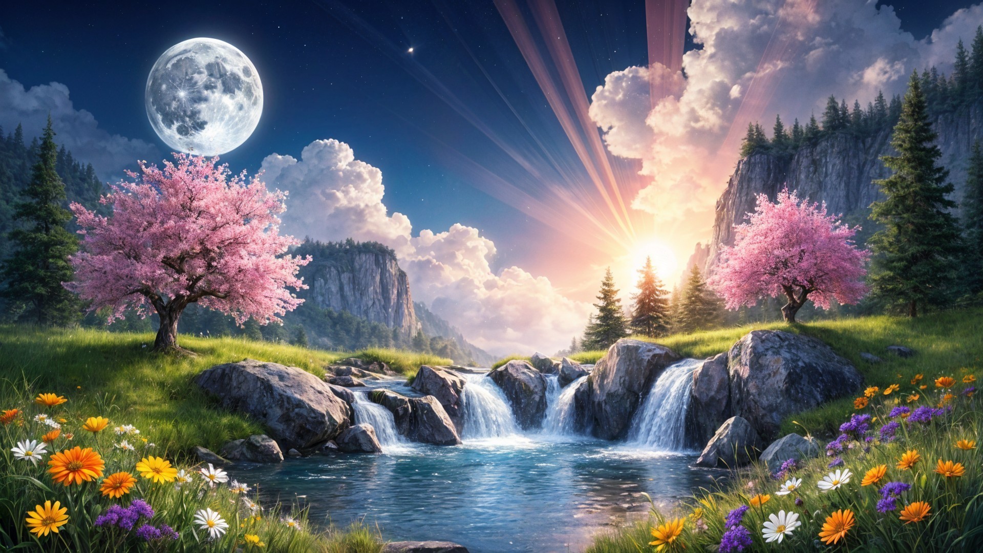 Serene Landscape with Cherry Blossoms and Waterfalls